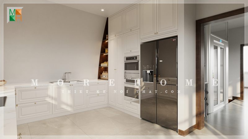 Phòng bếp được thiết kế với tông màu trắng chủ đạo giúp tạo nên cảm giác thoáng đãng, mát mẻ và sang trọng.